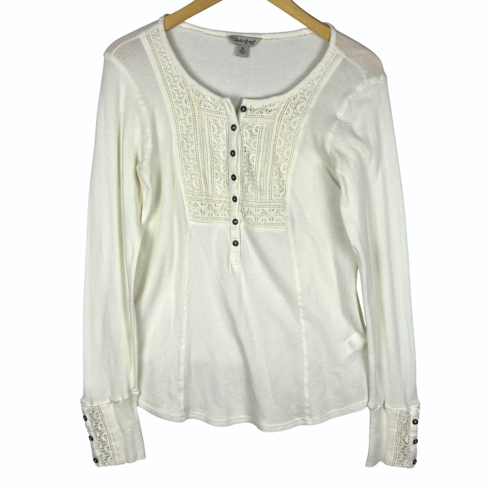 Lucky Brand Women Long Lace Trim Henley XL Waffle Boho Cottage Romantic Layering